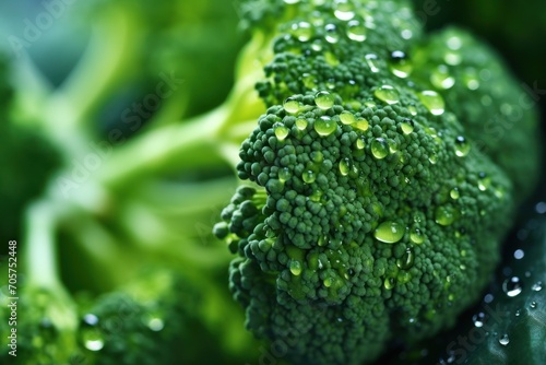  a close up of a bunch of broccoli with drops of water on the broccoli florets and the broccoli florets in the background.