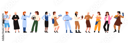 Women of different professions set vector illustration. Cartoon isolated many girls in professional clothes standing, woman judge and scientist, driver and flight attendant, astronaut and ceramist