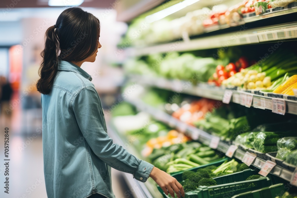 Grocery shopping. Woman selecting vegetables from supermarket shelf