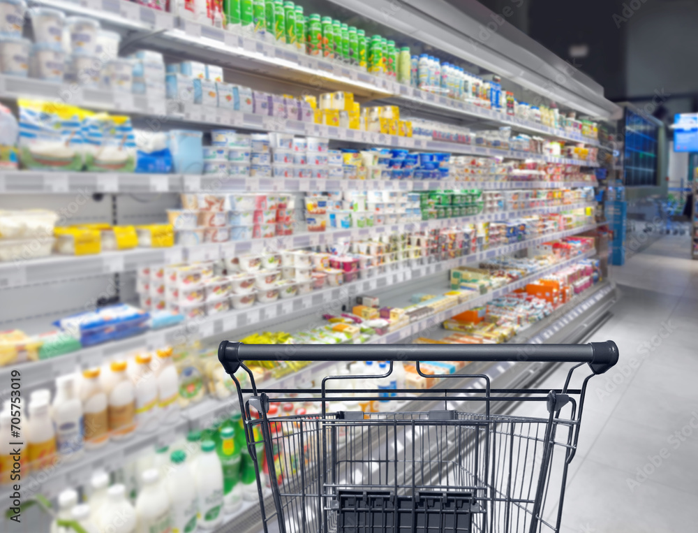 empty grocery cart in an empty supermarket