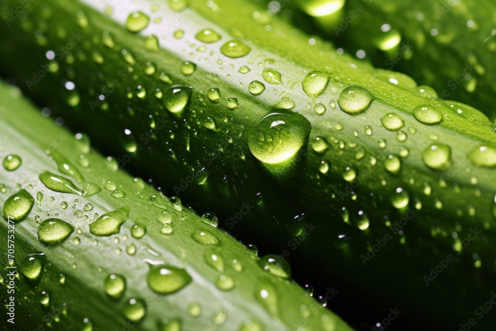  a close up of a cucumber with drops of water on the cucumber's green leaves with water droplets on the cucumber's surface.