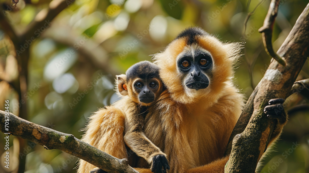 Fototapeta premium Yellow-cheeked Gibbon, Nomascus gabriellae, with grass food, orange monkey on the tree.