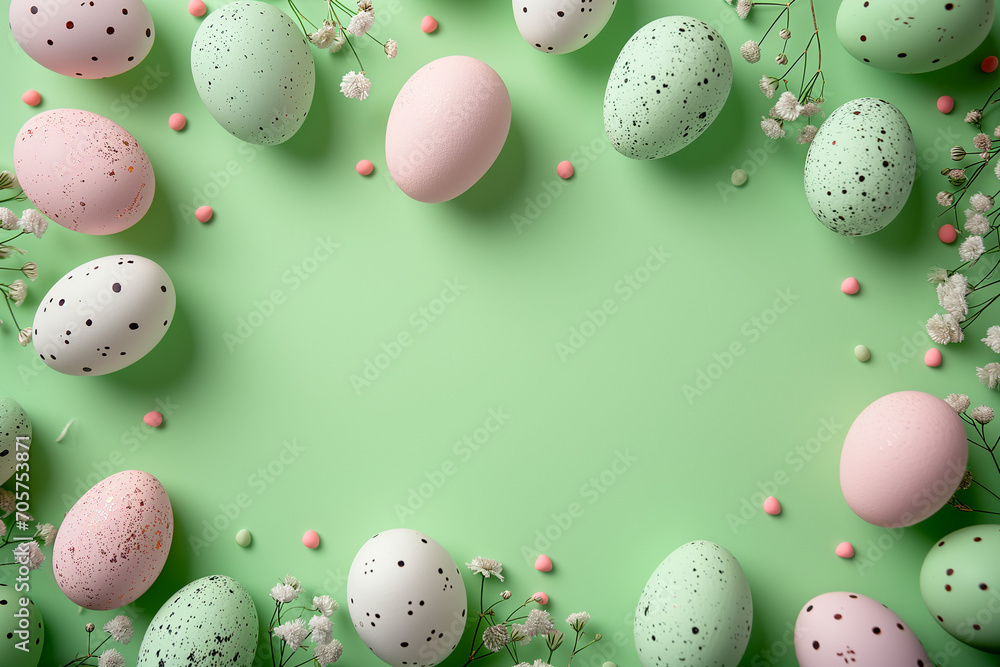 Creative layout made of flowers and Easter eggs. Minimal nature green background. Spring holidays concept. Copy space in the middle.