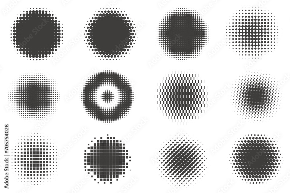 Dotted halftone rounds on white background. Geometric circle graphic. Radial gradient effect with gradation. Spotted circular shapes. Vector