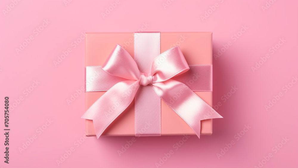 Pink gift box with bow isolated on pink background. Flat lay. Birthday, wedding, love and valentines day concept