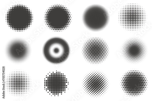 Dotted halftone rounds on white background. Geometric circle graphic. Radial gradient effect with gradation. Spotted circular shapes. Vector