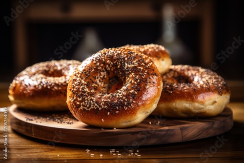  a couple of bagels sitting on top of a cutting board on top of a wooden table with sesame seeds on top of the bagels and a bottle of beer in the background.