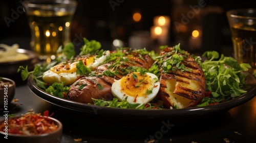  a close up of a plate of food with meat  eggs  and lettuce on a table next to a glass of water and a bowl of other food.