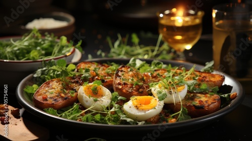  a close up of a plate of food with an egg on top of a bed of lettuce and a glass of wine next to the plate of food.
