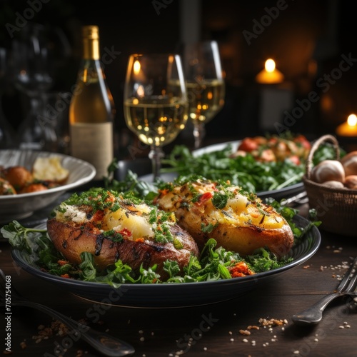  a close up of a plate of food on a table with a glass of wine and two plates of food on a table with utensils and wine glasses.