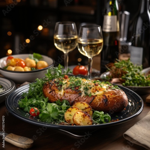  a plate of food on a table with wine glasses and a plate of food on a table with a plate of food and two glasses of wine on the table.
