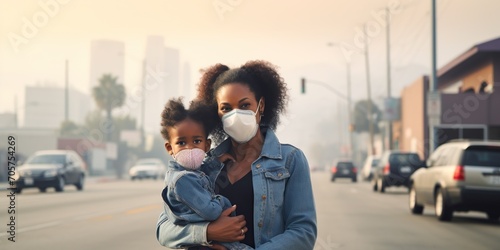 Parent shielding child from urban pollution with a face mask , concept of Environmental protection photo