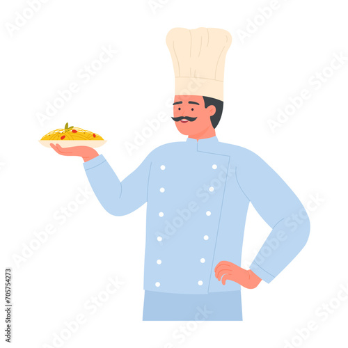 Italian cooking chef with pasta bowl. Traditional italian cuisine, spaghetti dish cartoon vector illustration