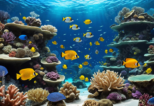 Colorful underwater coral reef fish swimming in a tropical 3D aquarium scenery