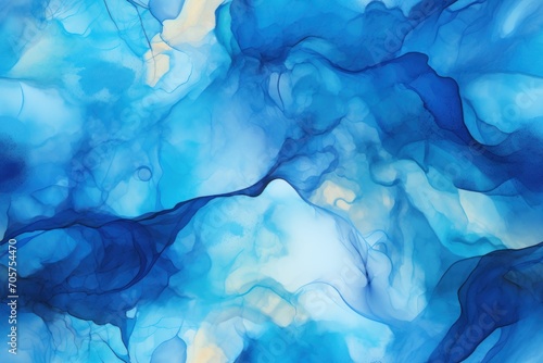  a painting of blue and yellow colors on a white and blue background that looks like a liquid or ink painting with white and yellow highlights on the top of the bottom part of the painting. © Nadia