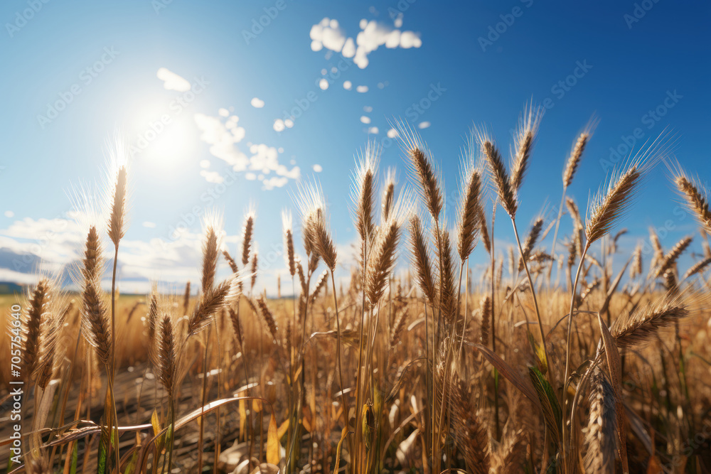 a field of wheat under a blue sky with a sunbeam in the middle of the field and some clouds in the sky in the middle of the middle of the picture. a field of wheat under a blue sky with a sunbeam in the middle of the field and some clouds in the sky in the middle of the middle of the picture.
