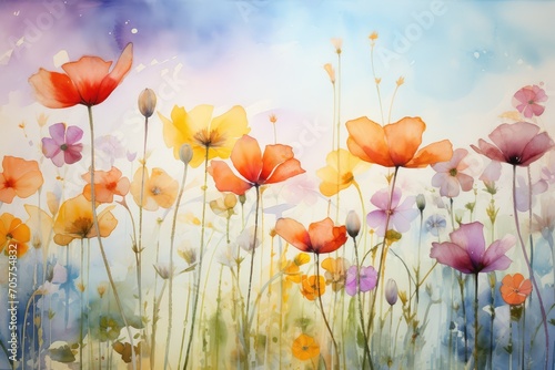 Watercolor Painting of Vibrant Poppies in a Sunlit Meadow at Dawn