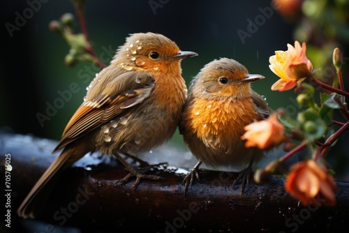  a couple of small birds sitting on top of a tree branch next to a tree branch with water droplets on its feathers and a flower in the foreground with a blurry background. © Nadia