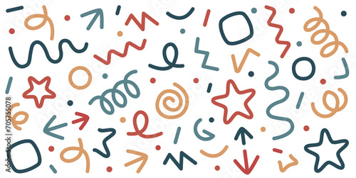 Color isolated illustration. Hand drawn colorful lines flat icons set. Various textures and shapes.