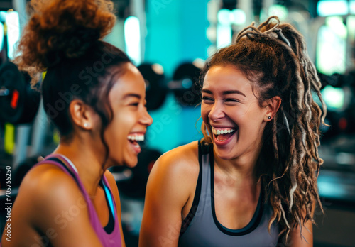 Diverse group of young friends in sportswear smiling and talking together on a gym floor before a workout. AI generated.