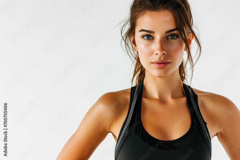 Fitness-focused portrait of a European woman, gym attire, white background Fitness-focused portrait of a European woman, gym attire, white background