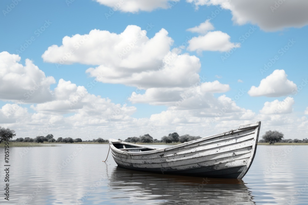  a boat sitting on top of a lake next to a lush green field under a blue sky with white clouds and a few puffy white puffy white clouds.