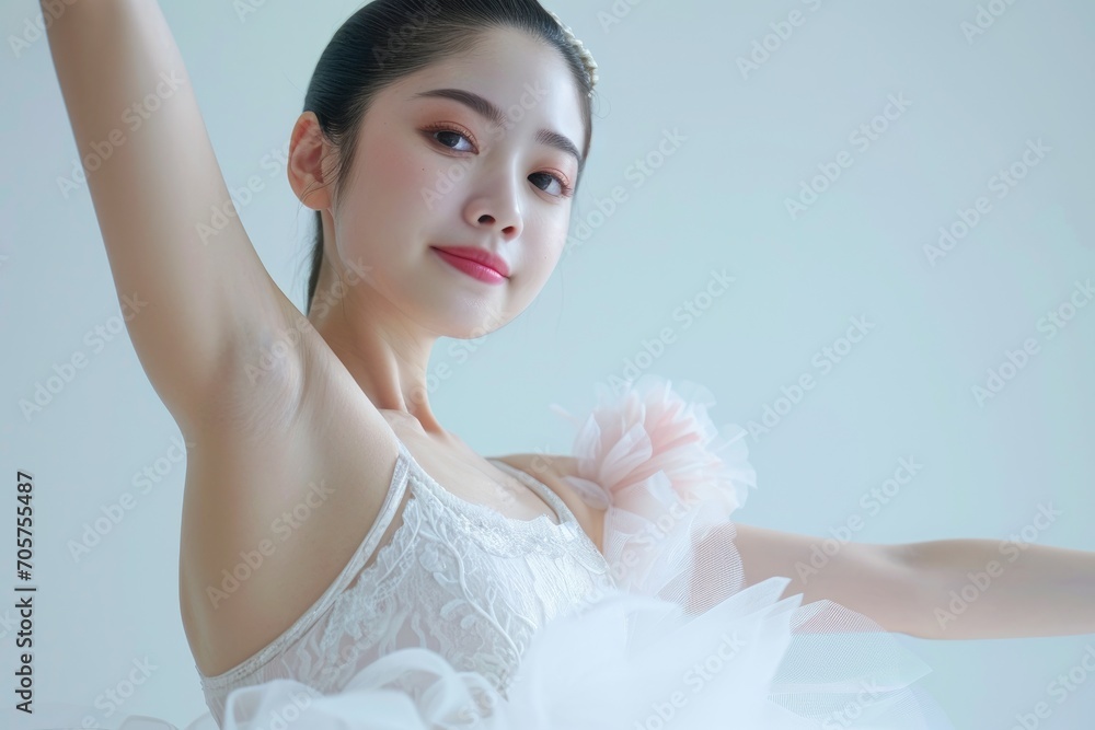 Graceful portrait of an Asian ballerina, elegant pose, white background Graceful portrait of an Asian ballerina, elegant pose, white background