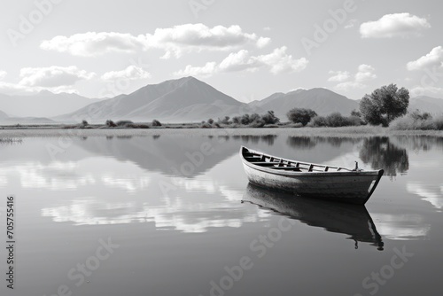  a black and white photo of a boat on a lake with mountains in the background and clouds in the sky in the foreground, with a few clouds in the foreground.