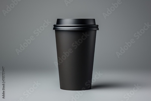  a black coffee cup sitting on top of a gray table next to a black cup with a black lid and a black lid on a gray background with a shadow.