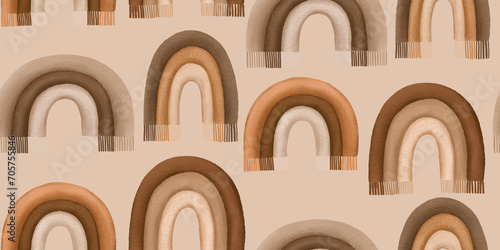 Boho seamless pattern with brown rainbows on beige background. C
