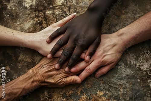 Hands of varied skin color forming unity fight against racism photo