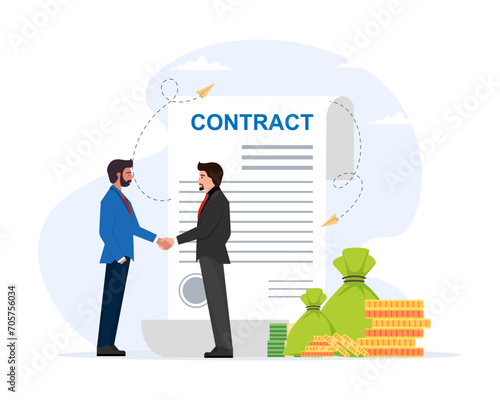 Business and investor people shaking hands over contract after successful negotiations vector illustration.