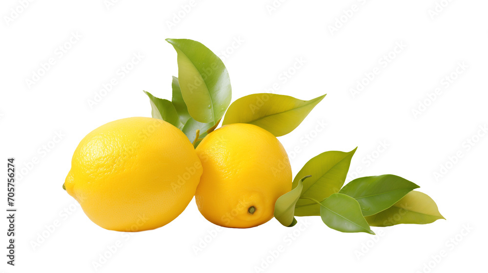 Lemon on transparent background. Yellow lemon with green leaf in png
