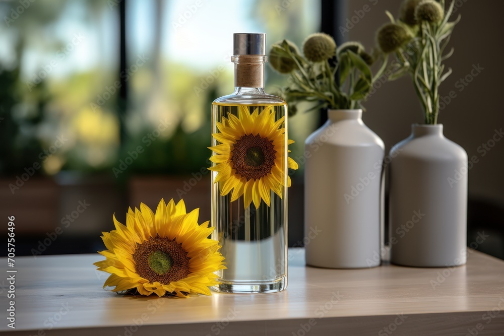 a bottle of sunflower oil sitting on a table next to two vases with sunflowers in it and a sunflower in the middle of the bottle. a bottle of sunflower oil sitting on a table next to two vases with sunflowers in it and a sunflower in the middle of the bottle.