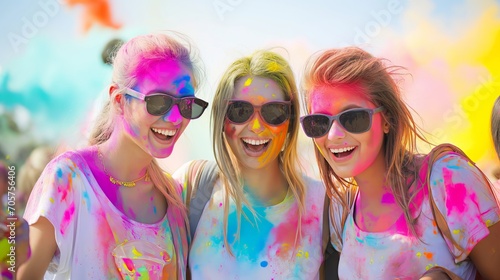 Woman with colorful face enjoy at holi color festival