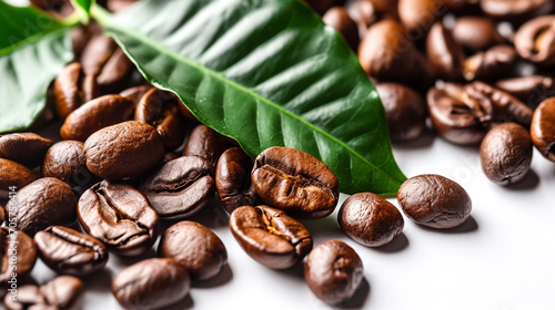 Coffee beans with green leaves on white background , top view , flat lay