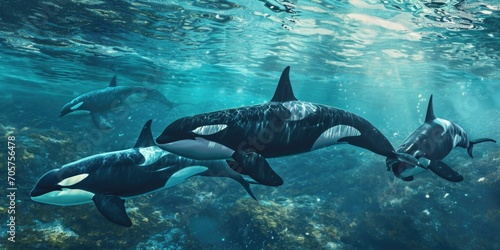 orcas or killer whales in Kvænangen fjord in Norway hunting for herrings