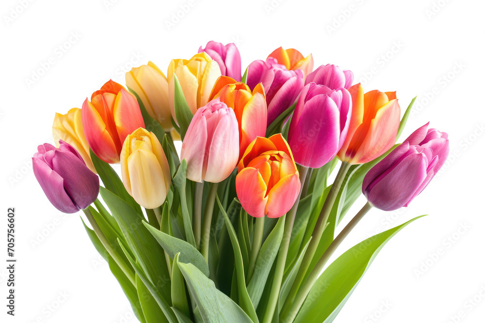 Fototapeta premium colorful bouquet of colorful fresh tulips in spring isolated on white or transparent png background