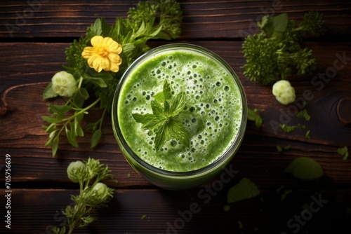  a green smoothie with a sprig of mint sits on a wooden table next to a yellow flower and a yellow dandelion on a dark wooden table.