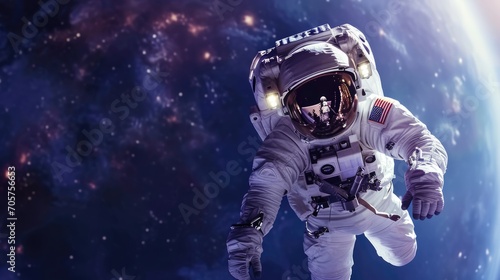 Astronaut flies in outer space. Spaceman wear helmet suit. Cosmonaut explore cosmos. Nasa journey. Whole galaxy trip concept. Explorer mission. Open galactic atmosphere. White modern spacesuit.