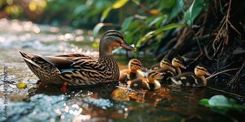a mother duck with her baby ducks floating on the water photo