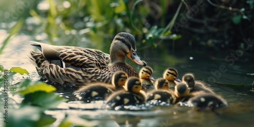a mother duck with her baby ducks floating on the water