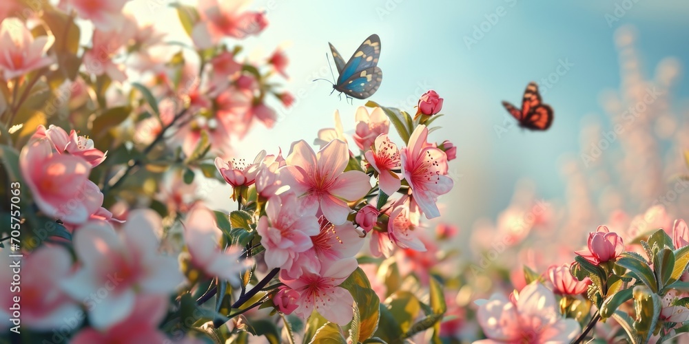 a springtime scene of colorful flowers in bloom, with blue sky and butterflies a springtime scene of colorful flowers in bloom, with blue sky and butterflies