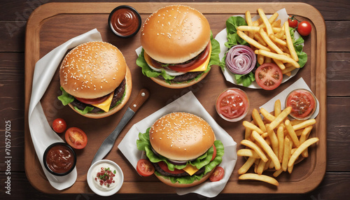 3D Wallpaper of Delicious Beef Burgers on a Wooden Plate