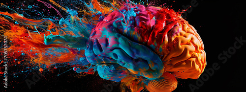 Creativity concept with a brain exploding in colors. Mind blown concept. photo