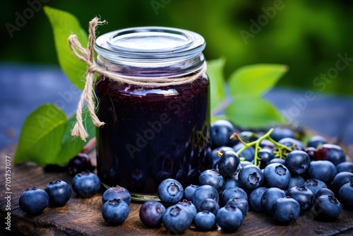  a glass jar filled with blueberries next to a pile of blueberries on top of a wooden cutting board with a green leaf on top of the jar next to the jar.