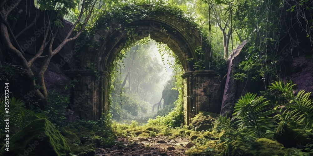 Fototapeta premium an archway is leading into a green forest