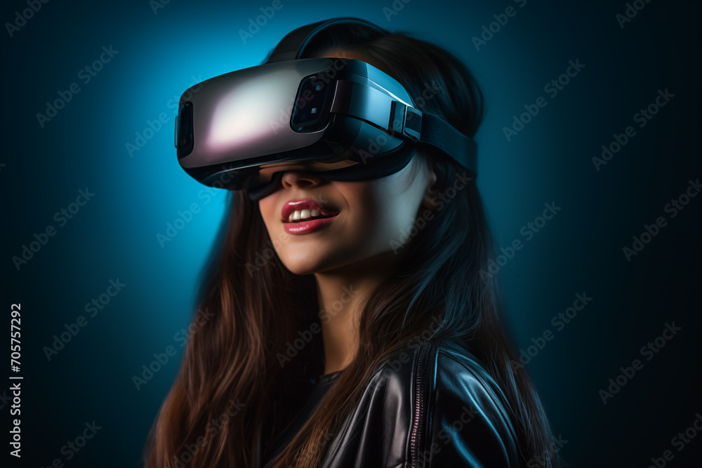 Woman using virtual reality headset in advanced tech exploration Woman using virtual reality headset in advanced tech exploration