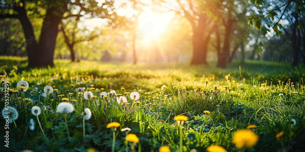 Fototapeta premium Idyllic springtime scene in a garden with young, vibrant green grass and dandelions blooming under the soft light filtering through trees