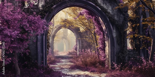 an archway is leading into a green forest